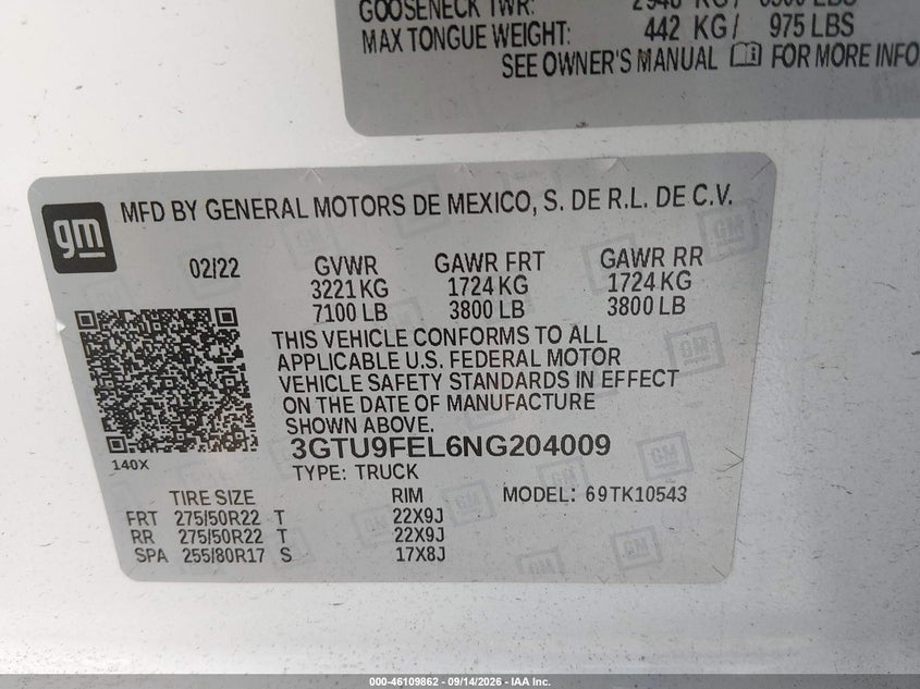 2022 Gmc SIERRA VIN 3GTU9FEL6NG204009 IAAI salvage auction — FRONT END, Bill Of Sale (Washington), sold $16,400 on 2026-10-03 (photo 9)