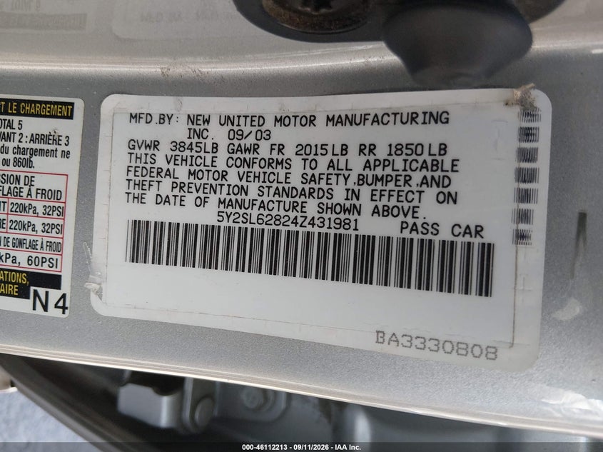 2004 Pontiac Vibe VIN 5Y2SL62824Z431981 IAAI salvage auction — FRONT END, Salvage (California), sold $825 on 2026-10-12 (photo 9)