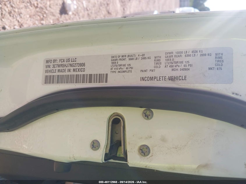 2022 Ram 2500 VIN 3C7WR5HJ7NG273906 IAAI salvage auction — ENGINE DAMAGE, Clear (Louisiana), sold $8,475 on 2026-10-12 (photo 9)