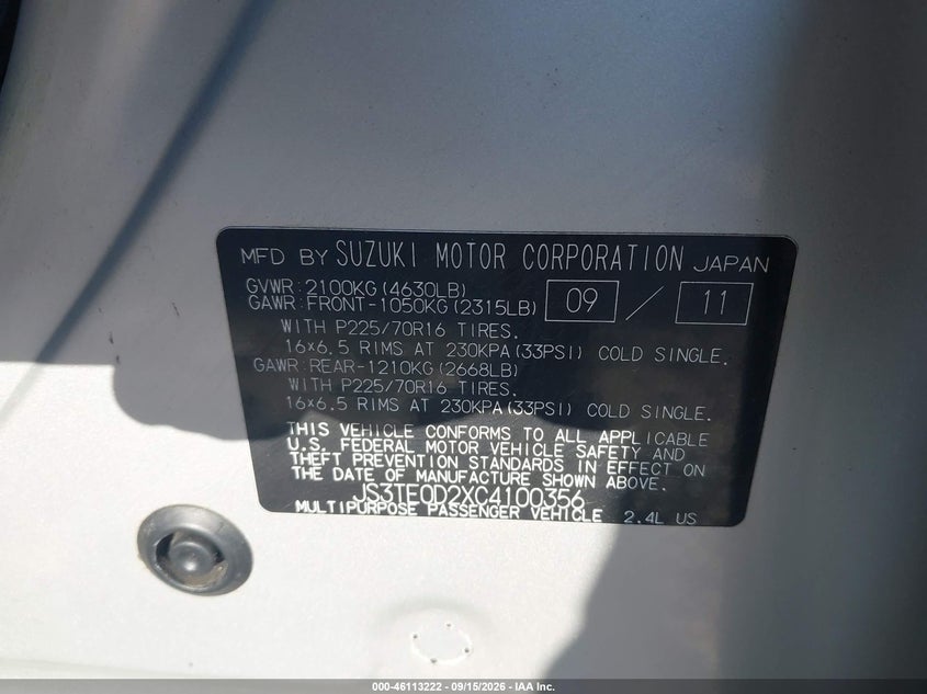 2012 Suzuki Grand vitara VIN JS3TE0D2XC4100356 IAAI salvage auction — FRONT END, Salvage (Ohio), sold $225 on 2026-10-04 (photo 9)