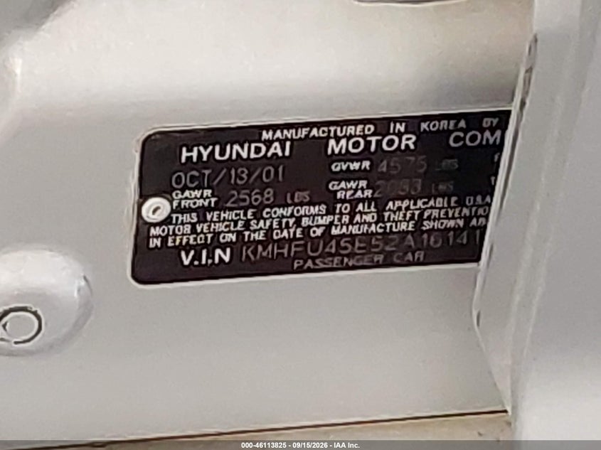2002 Hyundai XG VIN KMHFU45E52A161415 IAAI salvage auction — NORMAL WEAR, Clear (Colorado), sold $0 on 2026-09-30 (photo 9)