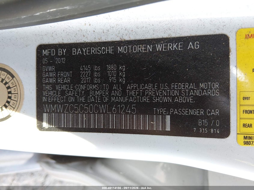 2012 Mini VIN WMWZC5C50CWL61245 IAAI salvage auction — NORMAL WEAR, Clear-Dealer Only (Oregon), sold $700 on 2026-09-22 (photo 9)