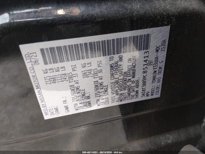 2023 Nissan Rogue VIN 5N1BT3BB9PC851413 IAAI salvage auction — NORMAL WEAR, Clear (Florida), sold $25 on 2026-09-24 (photo 9)