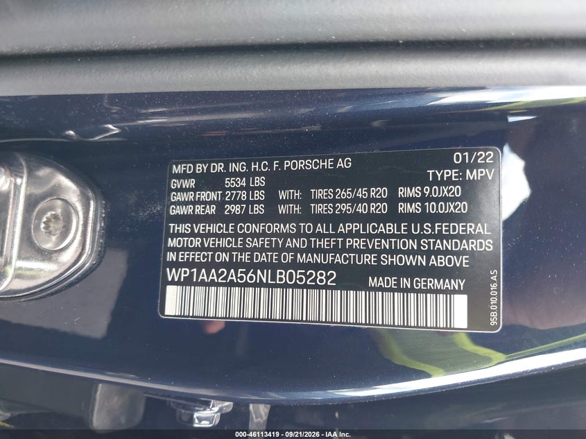2022 Porsche Macan VIN WP1AA2A56NLB05282 IAAI salvage auction — FRONT END, Salvage (Nevada), sold $20,200 on 2026-10-11 (photo 9)