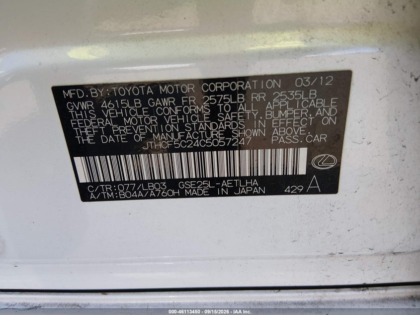 2012 Lexus IS VIN JTHCF5C24C5057247 IAAI salvage auction — Normal Wear & Tear, Clear, sold $2,125 on 2026-10-19 (photo 9)