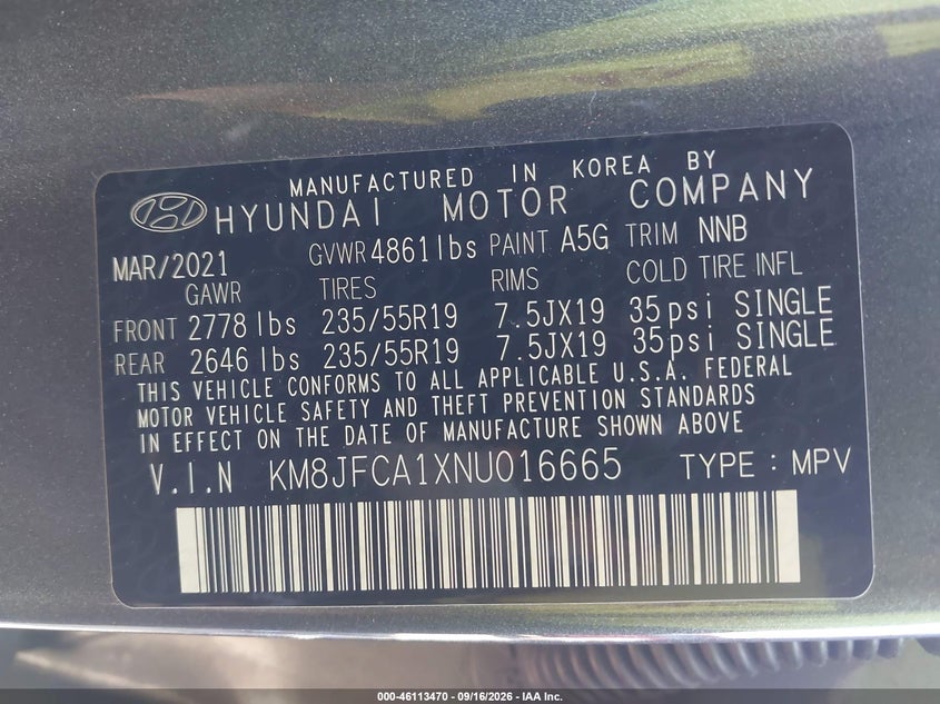 2022 Hyundai Tucson VIN KM8JFCA1XNU016665 IAAI salvage auction — FRONT END, Salvage (Massachusetts), sold $8,400 on 2026-10-08 (photo 9)