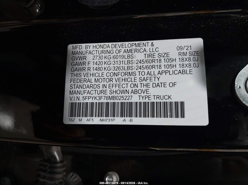 2021 Honda Ridgeline VIN 5FPYK3F76MB025227 IAAI salvage auction — REAR END, Salvage (North Dakota), sold $10,050 on 2026-10-08 (photo 9)