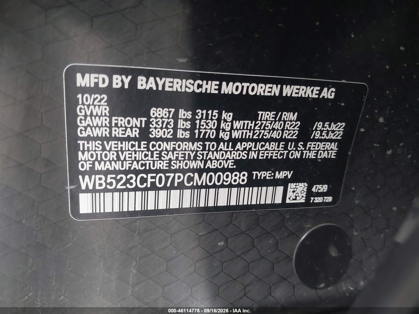 2023 BMW Ix VIN WB523CF07PCM00988 IAAI salvage auction — RIGHT REAR, Wait Title, sold $26,500 on 2026-10-15 (photo 9)