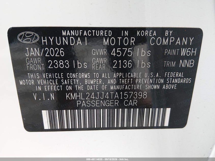2026 Hyundai Sonata VIN KMHL24JJ4TA157398 IAAI salvage auction — ENGINE DAMAGE, Enterprise Vehicles Clear Only (Texas), sold $10,350 on 2026-09-16 (photo 9)