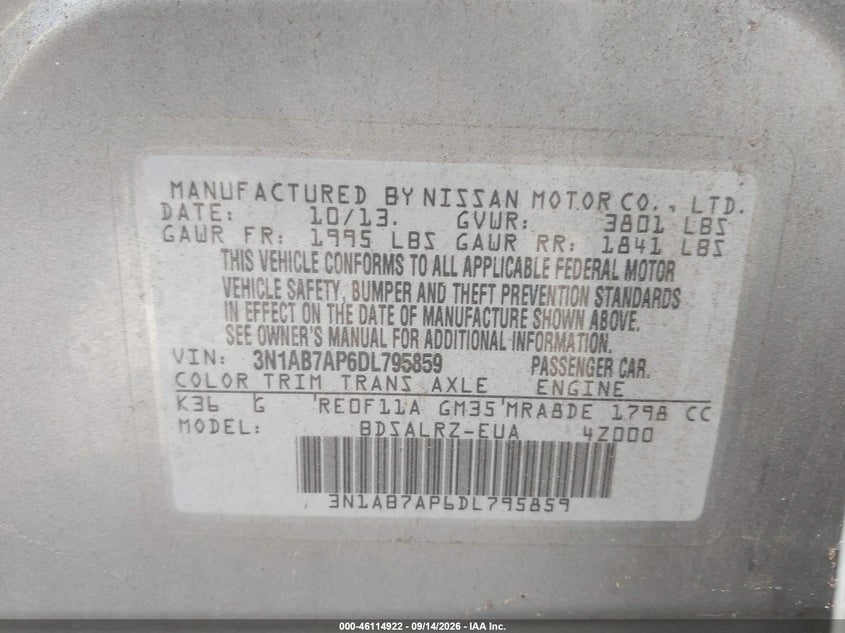 2013 Nissan Sentra VIN 3N1AB7AP6DL795859 IAAI salvage auction — NORMAL WEAR, Clear, sold $525 on 2026-10-02 (photo 9)