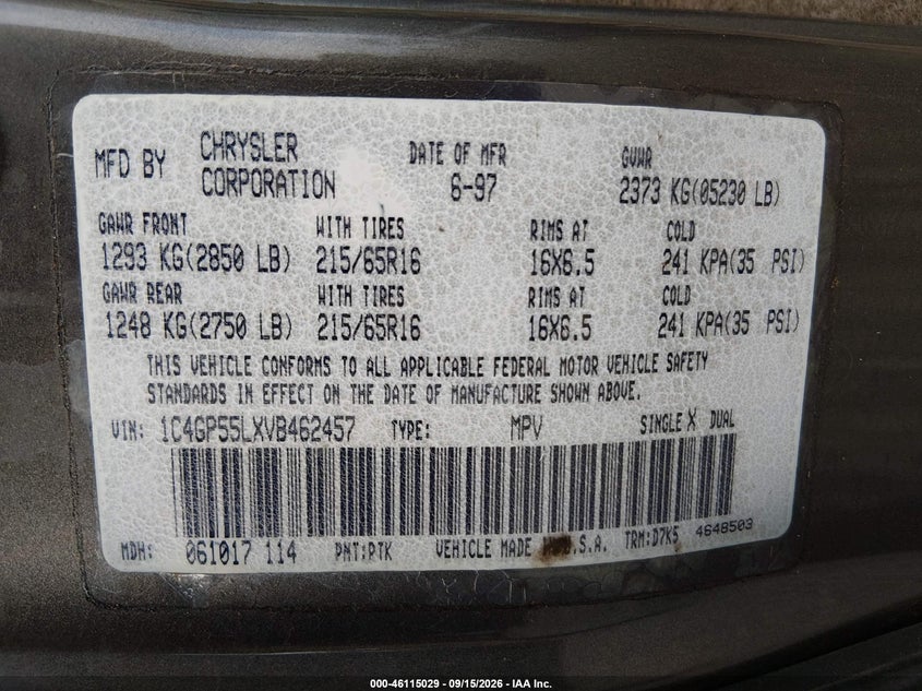 1997 Chrysler Town & country VIN 1C4GP55LXVB462457 IAAI salvage auction — NORMAL WEAR, Clear - Public Restricted (Oregon), sold $0 on 2026-09-22 (photo 9)
