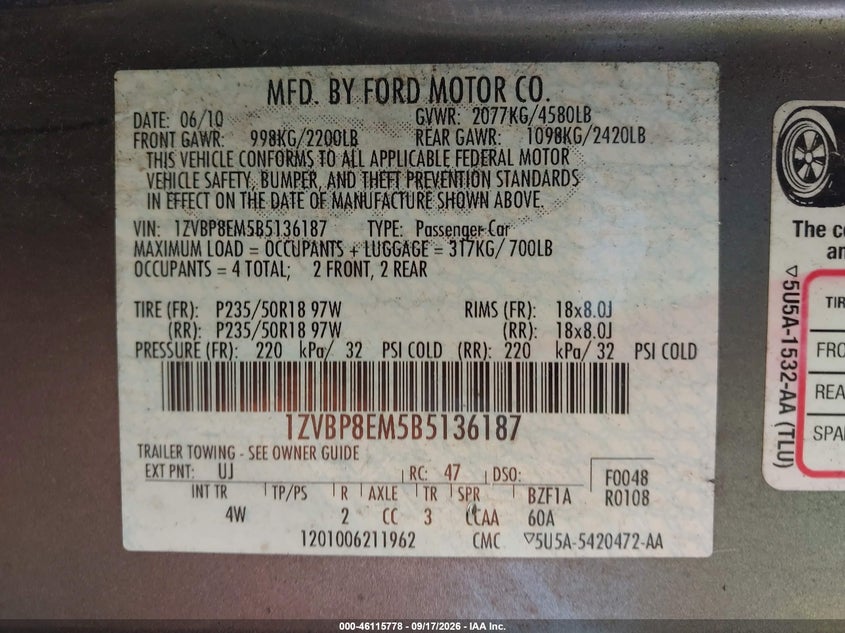 2011 Ford Mustang VIN 1ZVBP8EM5B5136187 IAAI salvage auction — SIDE, Salvage (Ohio), sold $925 on 2026-10-08 (photo 9)