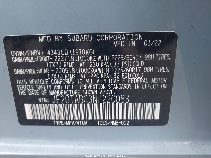 2022 Subaru Xv VIN JF2GTABC3NH220083 IAAI salvage auction — REAR END, Salvage Certificate (California), sold $3,550 on 2026-10-04 (photo 9)