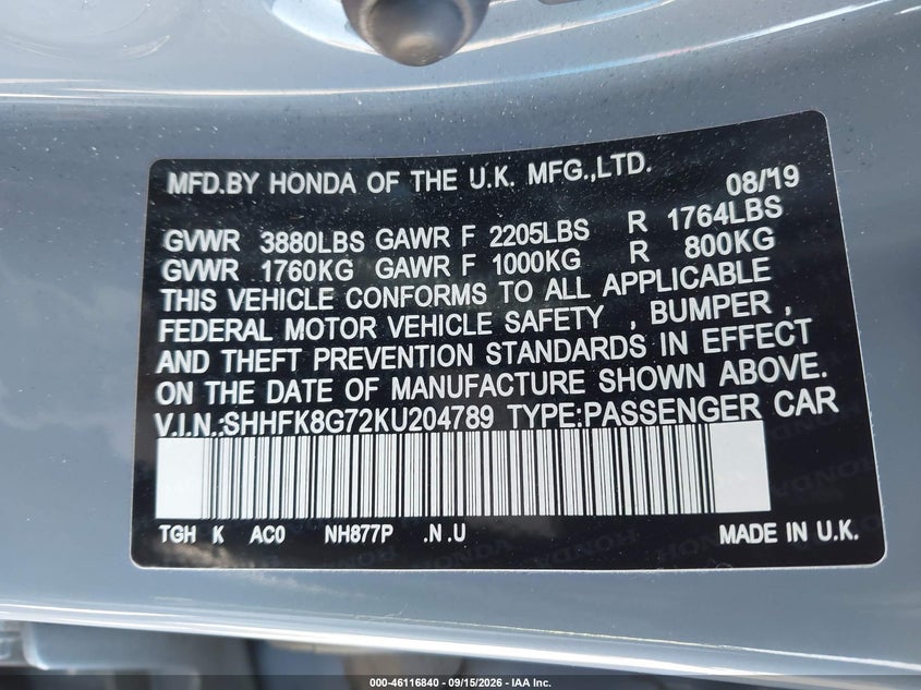 2019 Honda Civic type r VIN SHHFK8G72KU204789 IAAI salvage auction — LEFT FRONT, Salvage (California), sold $18,650 on 2026-09-28 (photo 9)