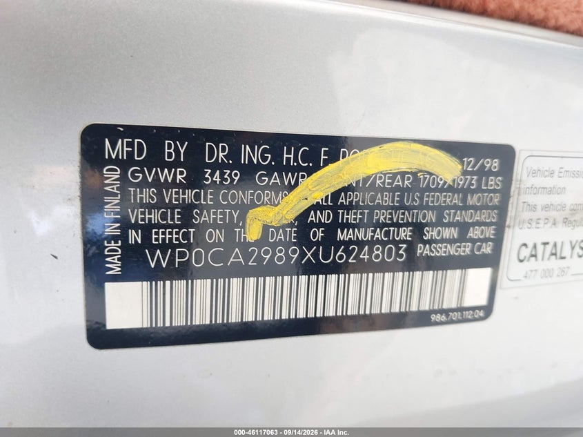 1999 Porsche Boxster VIN WP0CA2989XU624803 IAAI salvage auction — NORMAL WEAR, Clear - Dealer Only (California), sold $1,850 on 2026-10-07 (photo 9)
