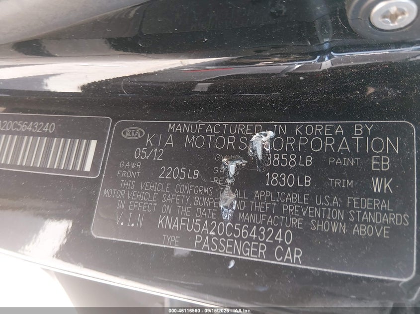 2012 Kia Forte VIN KNAFU5A20C5643240 IAAI salvage auction — Unknown, Salvage (Texas), sold $400 on 2026-10-14 (photo 9)