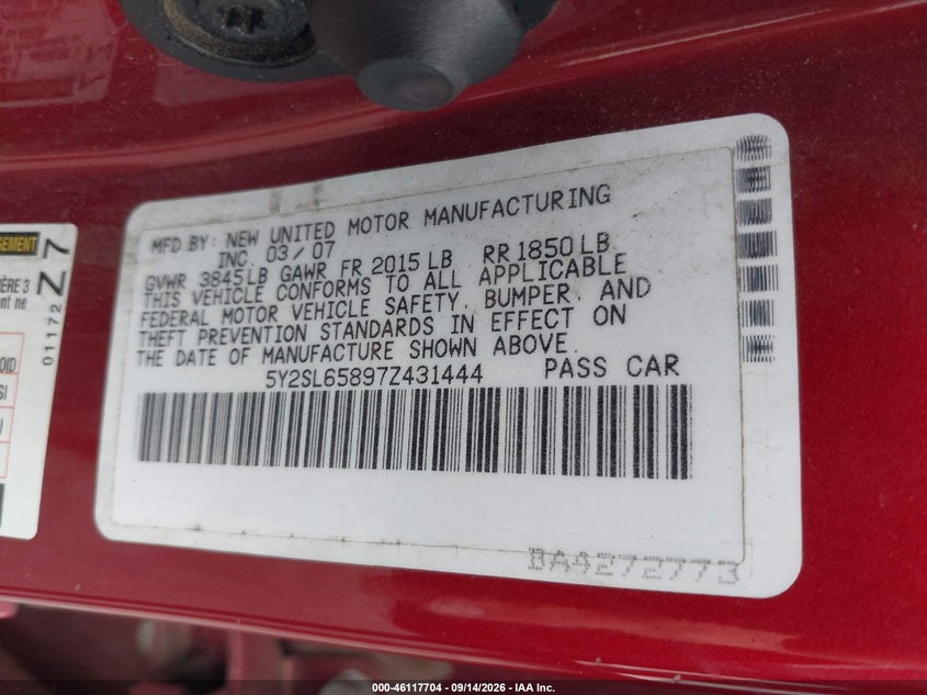 2007 Pontiac Vibe VIN 5Y2SL65897Z431444 IAAI salvage auction — NORMAL WEAR, Clear (Virginia), sold $900 on 2026-09-22 (photo 9)