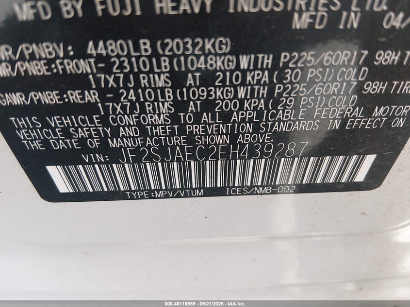 2014 Subaru Forester VIN JF2SJAEC2EH439287 IAAI salvage auction — NORMAL WEAR, Clear (Connecticut), sold $1,250 on 2026-10-01 (photo 9)