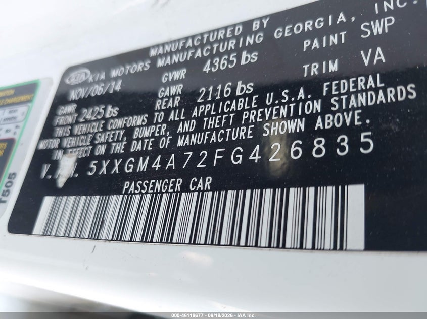 2015 Kia Optima VIN 5XXGM4A72FG426835 IAAI salvage auction — NORMAL WEAR, Salvage Title, sold $475 on 2026-10-07 (photo 9)
