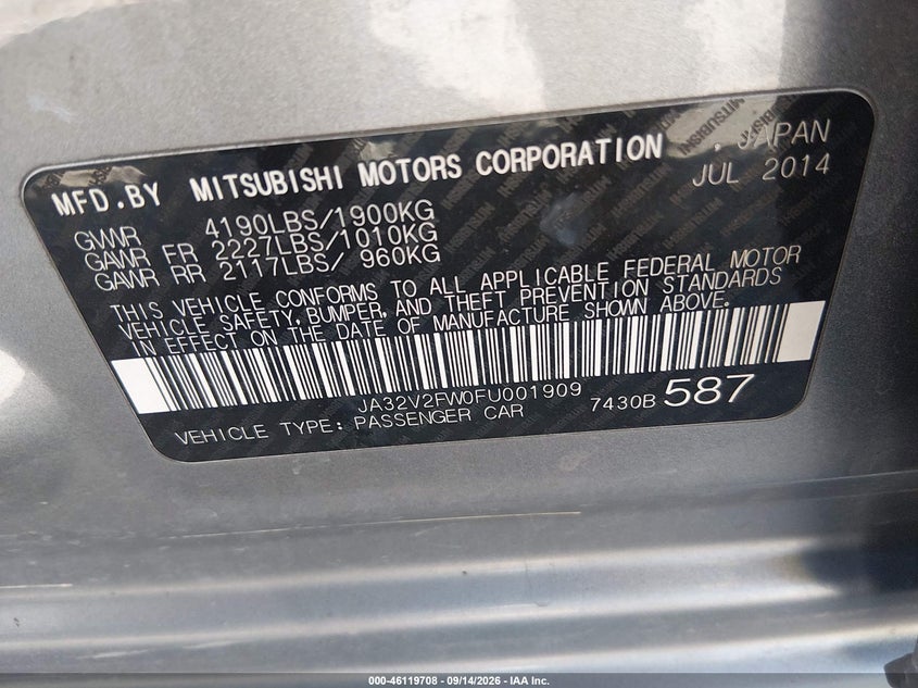 2015 Mitsubishi Lancer VIN JA32V2FW0FU001909 IAAI salvage auction — NORMAL WEAR, Clear (Michigan), sold $1,050 on 2026-10-22 (photo 9)