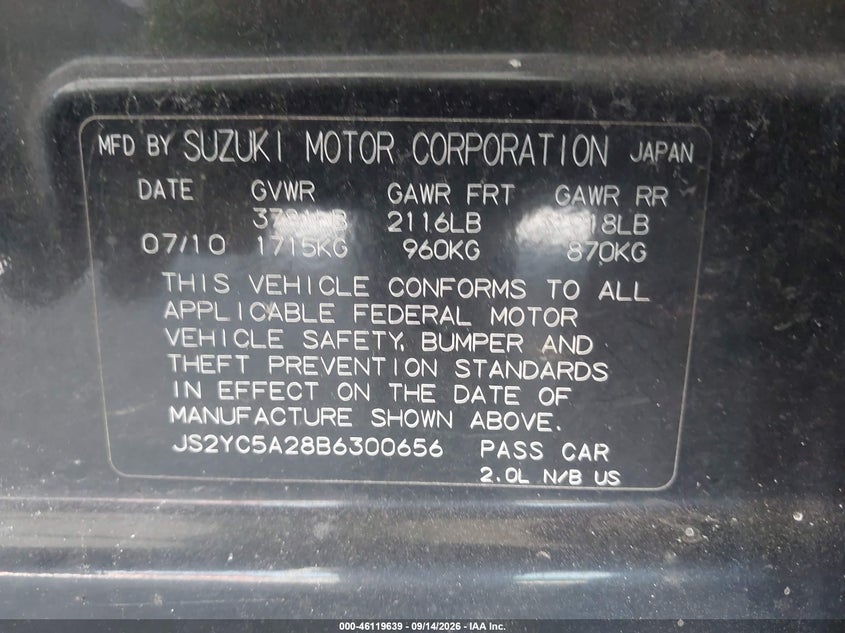 2011 Suzuki Sx4 VIN JS2YC5A28B6300656 IAAI salvage auction — NORMAL WEAR, Clear-Dealer Only (North Carolina), sold $550 on 2026-09-22 (photo 9)