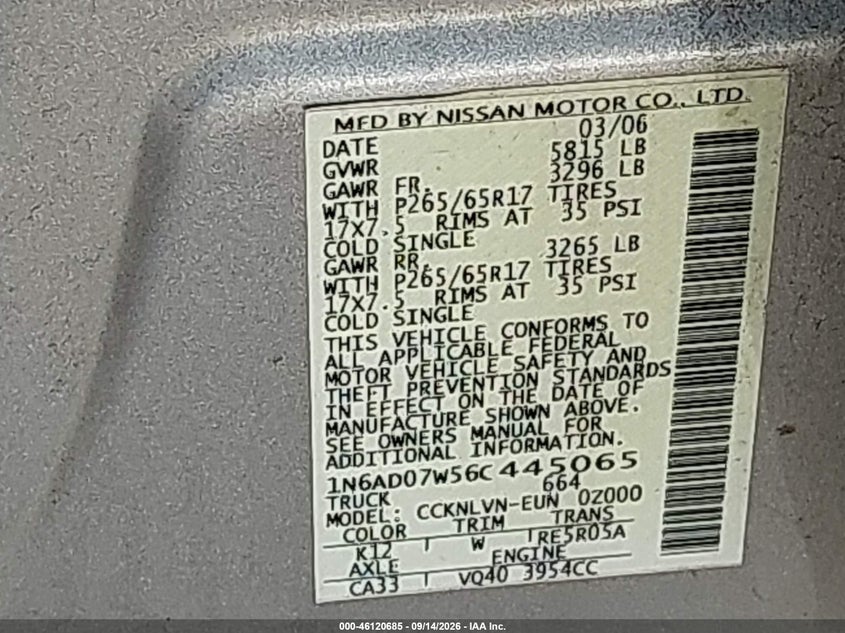 2006 Nissan Frontier VIN 1N6AD07W56C445065 IAAI salvage auction — NORMAL WEAR, Clear (New York), sold $0 on 2026-10-10 (photo 9)
