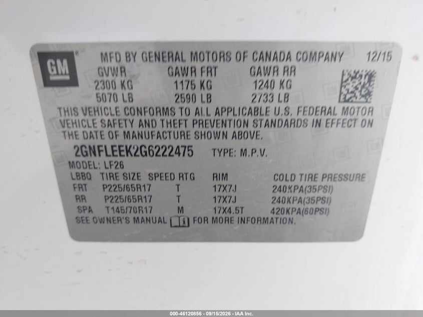 2016 Chevrolet Equinox VIN 2GNFLEEK2G6222475 IAAI salvage auction — REAR END, Salvage (Pennsylvania), sold $400 on 2026-10-20 (photo 9)