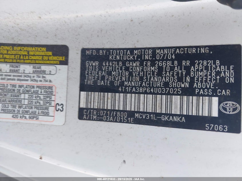 2004 Toyota Camry VIN 4T1FA38P64U037025 IAAI salvage auction — SIDE, Salvage (Ohio), sold $125 on 2026-10-05 (photo 9)