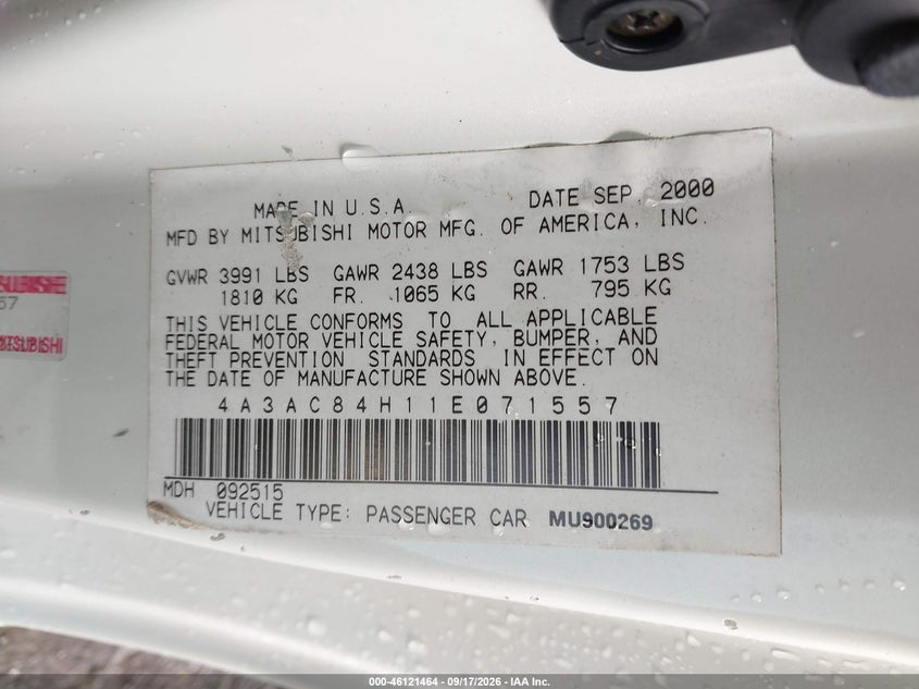 2001 Mitsubishi ECLIPSE VIN 4A3AC84H11E071557 IAAI salvage auction — ROOF, Salvage (Pennsylvania), sold $375 on 2026-10-02 (photo 9)