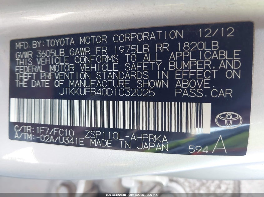 2013 Scion Xd VIN JTKKUPB40D1032025 IAAI salvage auction — REAR END, Wait Title, sold $1,700 on 2026-10-05 (photo 9)