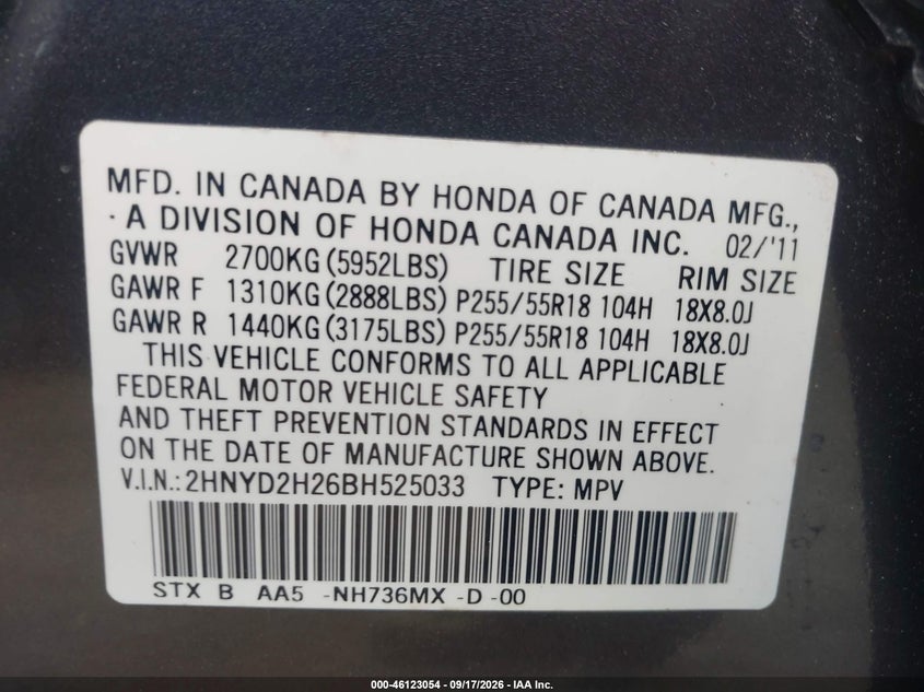 2011 Acura Mdx VIN 2HNYD2H26BH525033 IAAI salvage auction — REAR END, Salvage - Greater Than 75% (Maryland), sold $825 on 2026-10-13 (photo 9)
