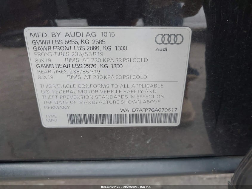 2016 Audi Q5 VIN WA1D7AFP7GA070617 IAAI salvage auction — HAIL, Salvage (Ohio), sold $1,550 on 2026-10-07 (photo 9)