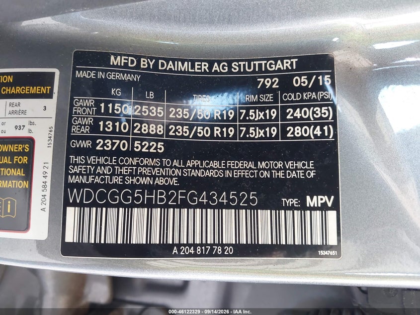 2015 Mercedes-benz Glk-klasse VIN WDCGG5HB2FG434525 IAAI salvage auction — NORMAL WEAR, Salvage Title, sold $7,100 on 2026-09-22 (photo 9)