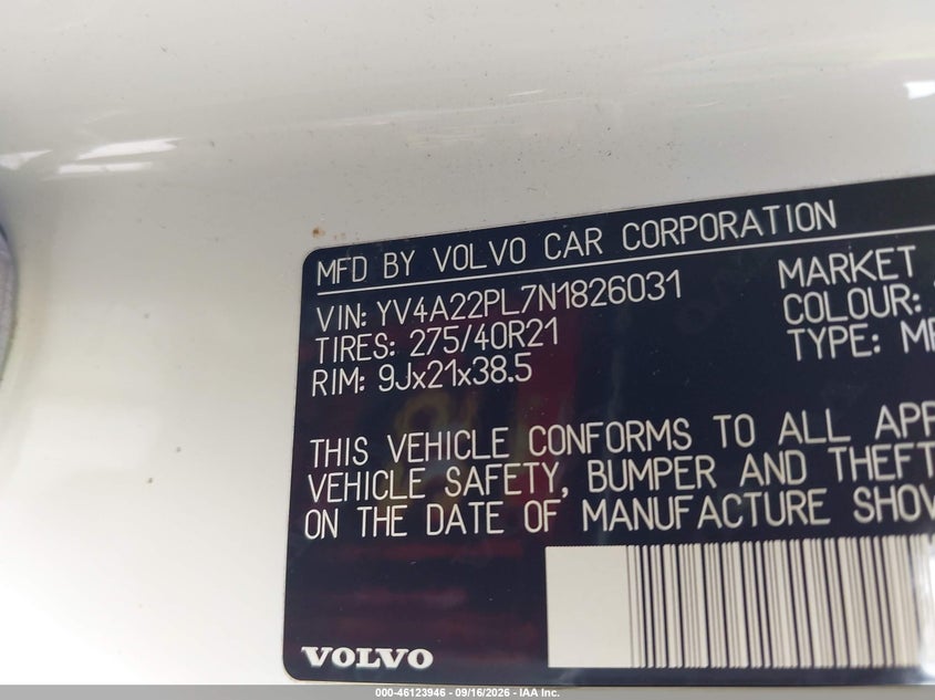 2022 Volvo Xc90 VIN YV4A22PL7N1826031 IAAI salvage auction — FRONT END, Certificate Of Destruction (Florida), sold $6,000 on 2026-10-07 (photo 9)