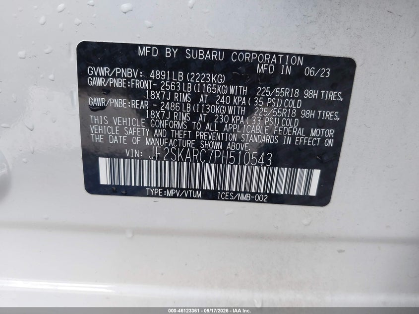 2023 Subaru Forester VIN JF2SKARC7PH510543 IAAI salvage auction — REAR END, Salvage (Arizona), sold $9,975 on 2026-10-06 (photo 9)