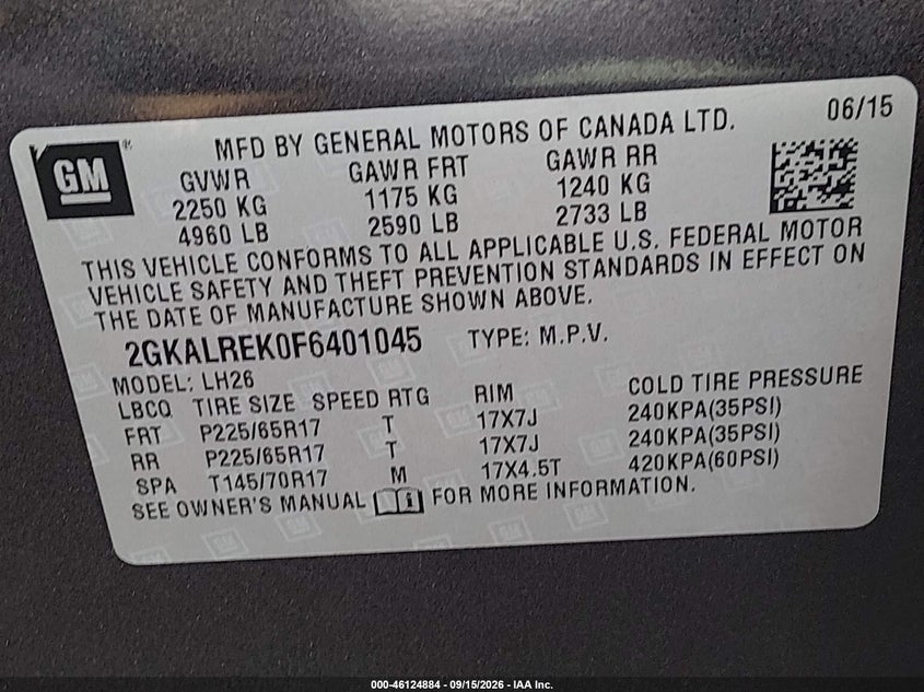 2015 Gmc Terrain VIN 2GKALREK0F6401045 IAAI salvage auction — LEFT & RIGHT, Salvage (Nevada), sold $575 on 2026-09-26 (photo 9)