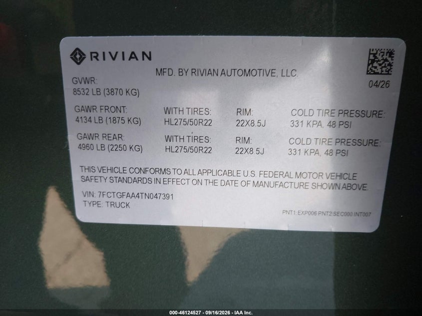 2026 Rivian R1t VIN 7FCTGFAA4TN047391 IAAI salvage auction — FRONT END, Salvage (California), sold $18,875 on 2026-10-21 (photo 8)