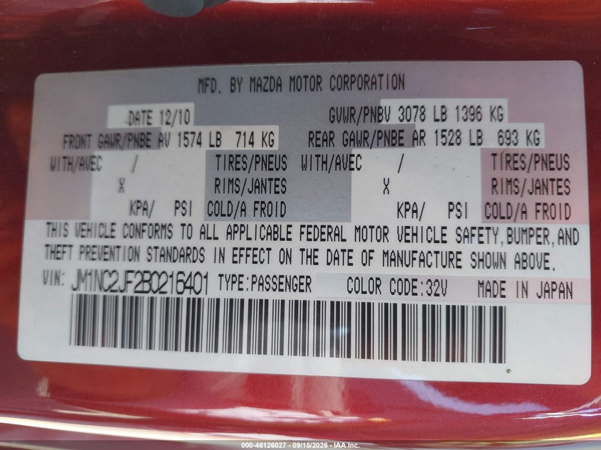 2011 Mazda Mx-5 miata VIN JM1NC2JF2B0216401 IAAI salvage auction — NORMAL WEAR, Salvage (California), sold $1,625 on 2026-10-04 (photo 9)