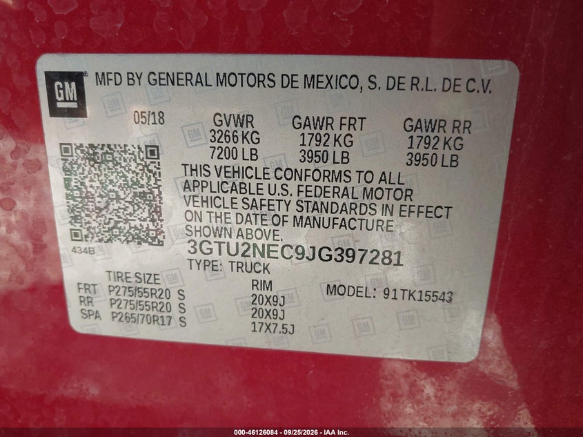 2018 Gmc Sierra 1500 VIN 3GTU2NEC9JG397281 IAAI salvage auction — LEFT FRONT, Wait Title, sold $7,950 on 2026-10-15 (photo 9)