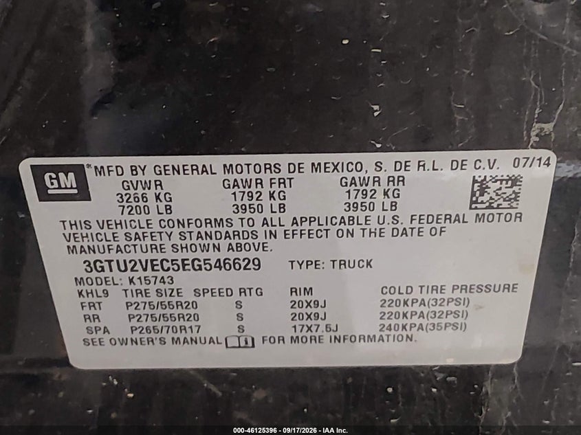 2014 Gmc VIN 3GTU2VEC5EG546629 IAAI salvage auction — RIGHT REAR, Salvage (Louisiana), sold $7,550 on 2026-09-28 (photo 9)