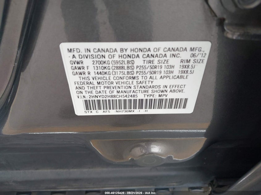 2012 Acura Mdx VIN 2HNYD2H88CH542485 IAAI salvage auction — RIGHT REAR, Salvage, sold $1,250 on 2026-10-04 (photo 9)