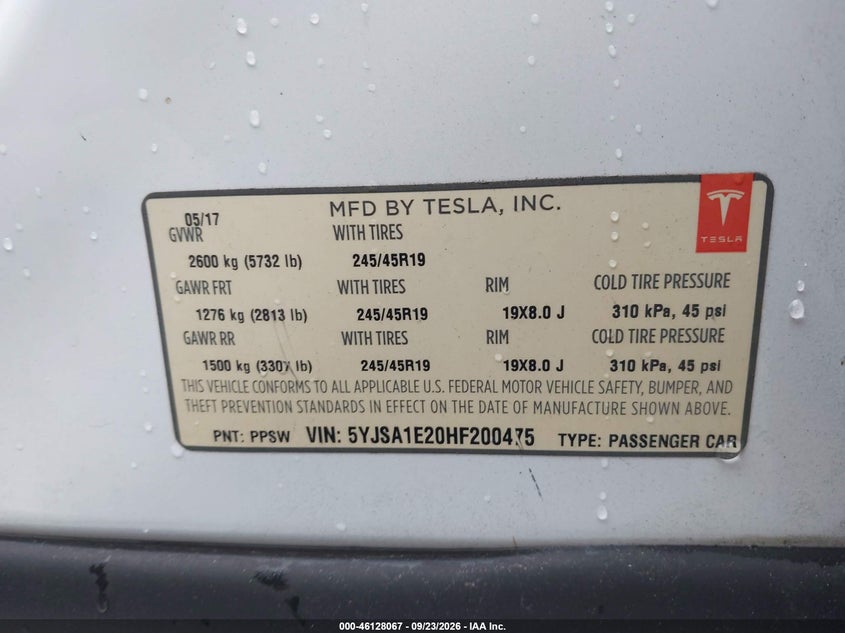 2017 Tesla Model s VIN 5YJSA1E20HF200475 IAAI salvage auction — FRONT END, Wait Title, sold $8,500 on 2026-10-08 (photo 9)