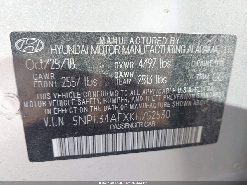 2019 Hyundai Sonata VIN 5NPE34AFXKH752530 IAAI salvage auction — REPOSSESSION, Wait Title, sold $7,500 on 2026-10-07 (photo 9)