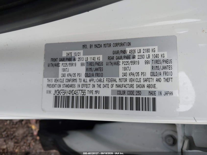 2021 Mazda Cx-5 VIN JM3KFBAY4M0487756 IAAI salvage auction — SIDE, Salvage (Ohio), sold $7,300 on 2026-10-04 (photo 9)