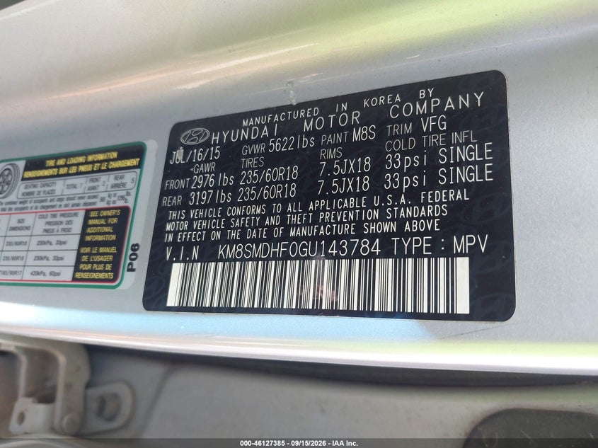 2016 Hyundai Santa fe VIN KM8SMDHF0GU143784 IAAI salvage auction — NORMAL WEAR, Salvage Title, sold $1,300 on 2026-10-03 (photo 9)