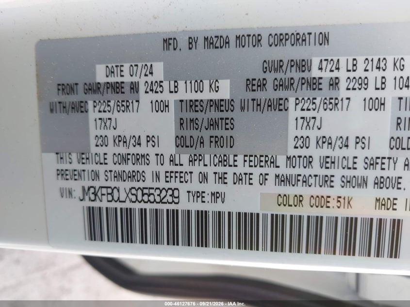 2025 Mazda Cx-5 VIN JM3KFBCLXS0553239 IAAI salvage auction — REAR END, Salvage Title, sold $8,400 on 2026-10-05 (photo 9)