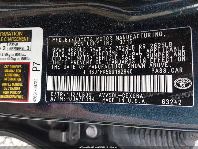 2016 Toyota VIN 4T1BD1FK5GU182840 IAAI salvage auction — FRONT END, Bill Of Sale (Washington), sold $8,450 on 2026-09-30 (photo 9)