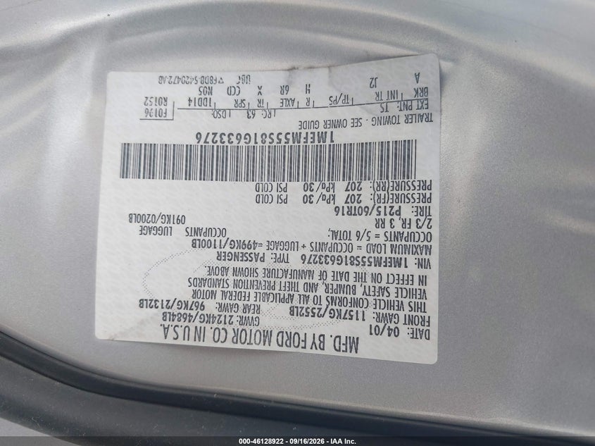 2001 Mercury Sable VIN 1MEFM55S81G633276 IAAI salvage auction — LEFT FRONT, Regular Certificate (Iowa), sold $125 on 2026-09-28 (photo 9)