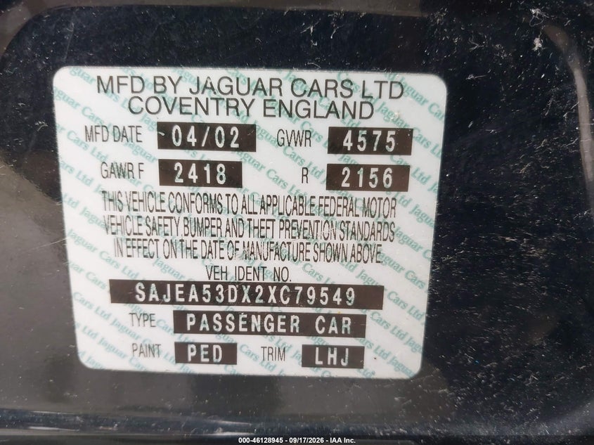 2002 Jaguar X type VIN SAJEA53DX2XC79549 IAAI salvage auction — NORMAL WEAR, Clear-Endorsement (Wisconsin), sold $275 on 2026-10-07 (photo 9)