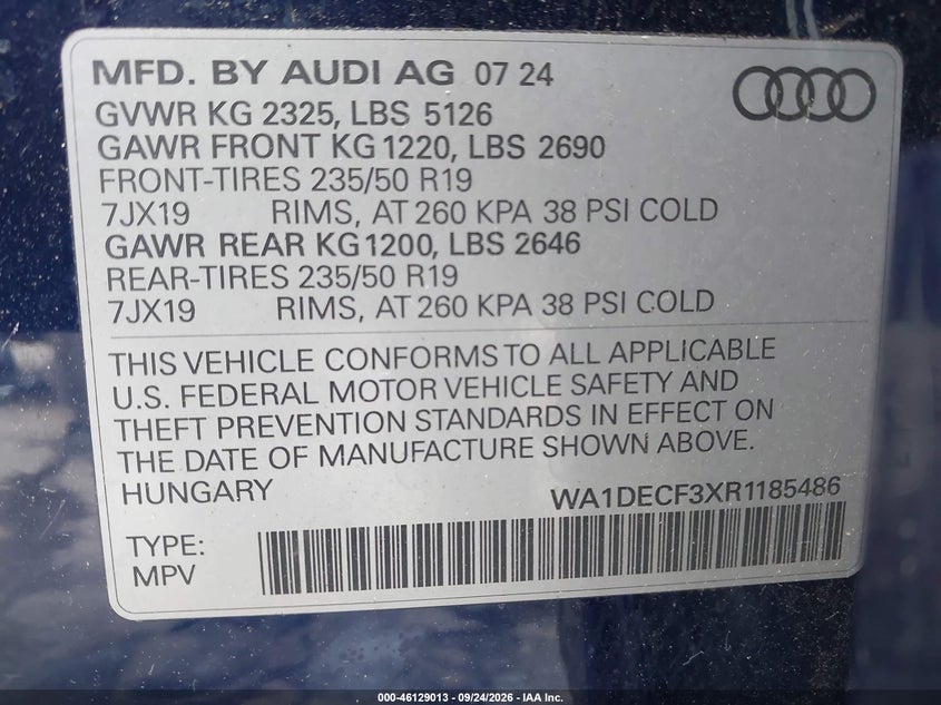 2024 Audi Q3 VIN WA1DECF3XR1185486 IAAI salvage auction — FRONT END, Mv-907A (New York), sold $25 on 2026-10-08 (photo 9)